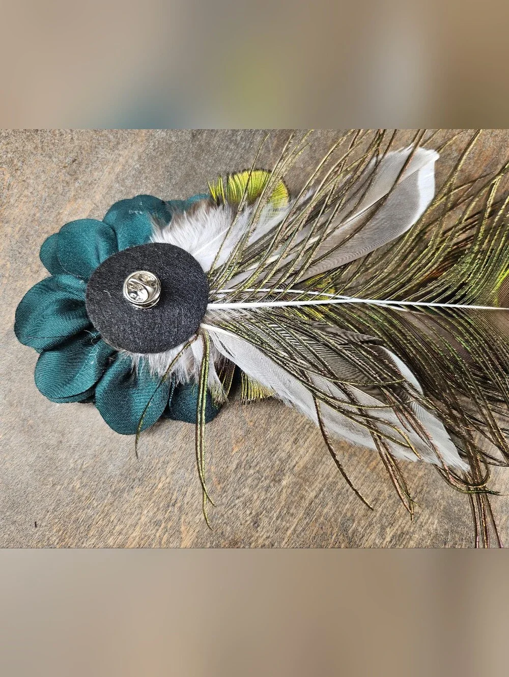 NEW Peacock feather Hat Pin Brooch W/ green satin flower, rhinestones and pearls